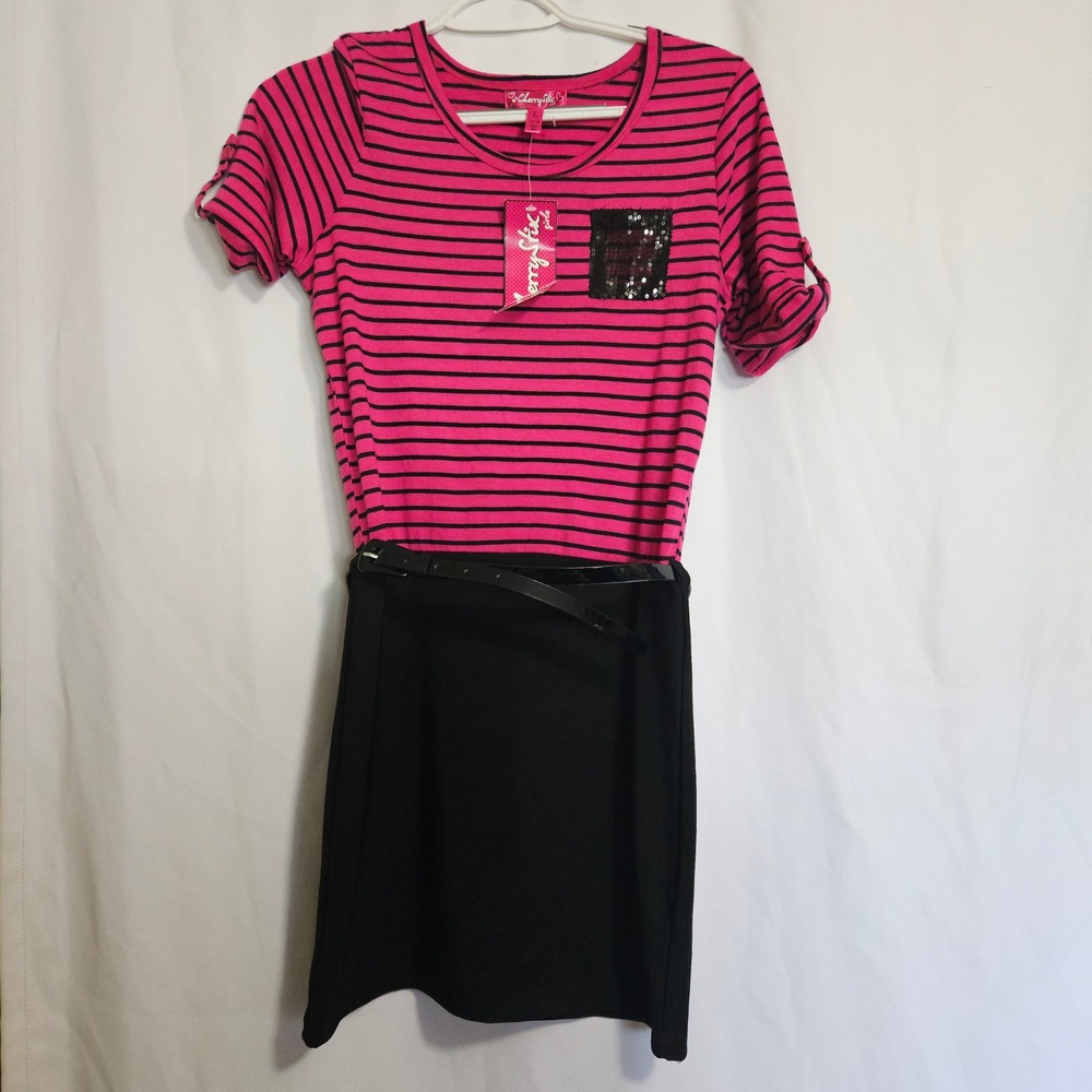 Cherry Stix Girls Dress Pink Black Striped Sequin Belted Scene Emo Goth 14/16‎ L